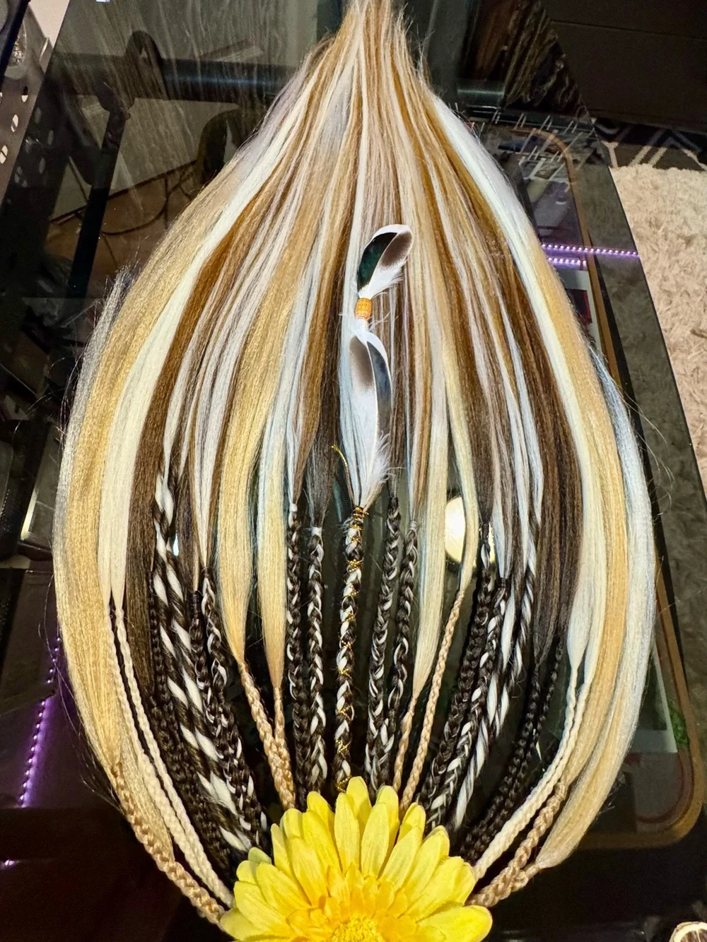 Blonde and Dark Brown Braided Hair Extensions with Feather Accent